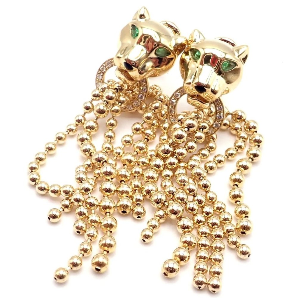 Authentic! Cartier Panther Panthere 18k Gold Diamond Tsavorite Onyx Earrings